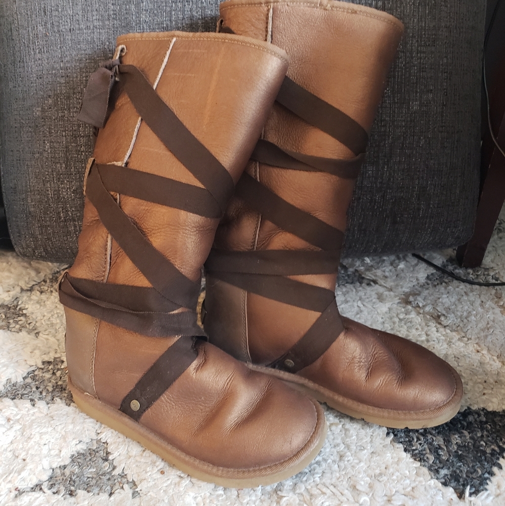 ❌️SOLD❌️ Ribbon Laced UGG Boots Knee High Bronze